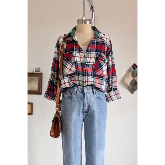 Vintage Flannel Plaid Cotton Unisex Button Down Shirt - Picture 15 of 16